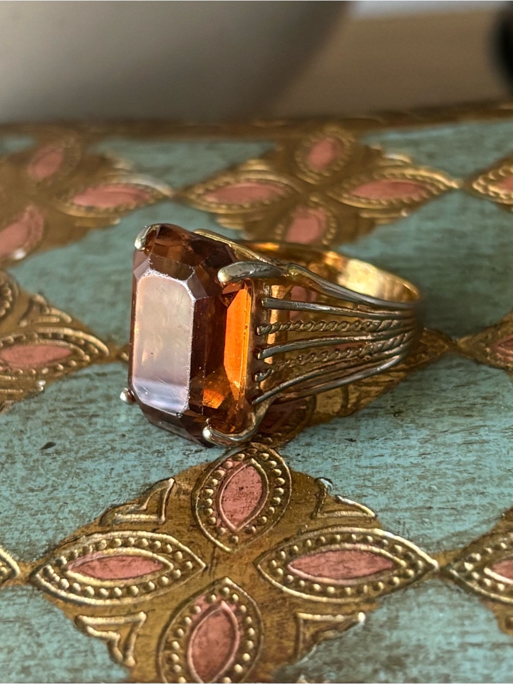 Vintage 1970s Emerald Cut Topaz 18K HGE Cocktail Ring / Size 9